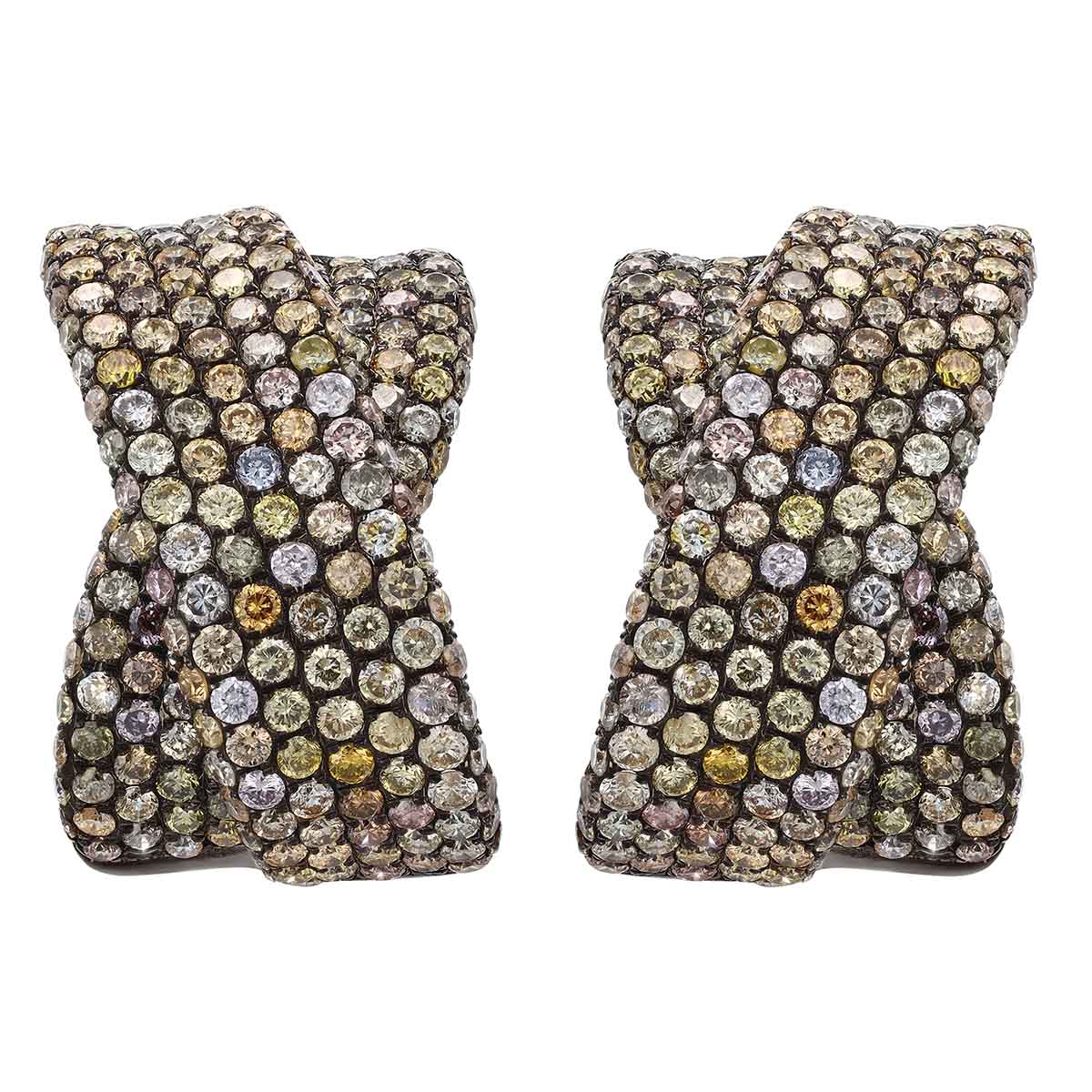Multicolored Neutral Diamond Pave Crossover Leverback Earrings in White Gold