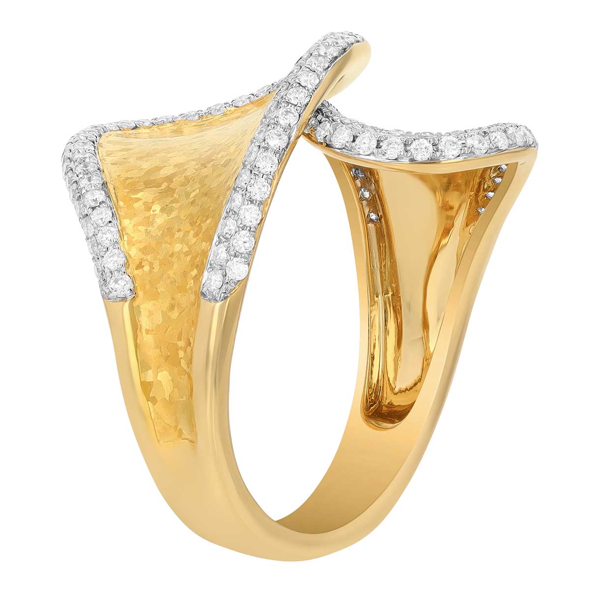 Yellow Gold Hammered Bypass Ring with Diamond Pave Edges