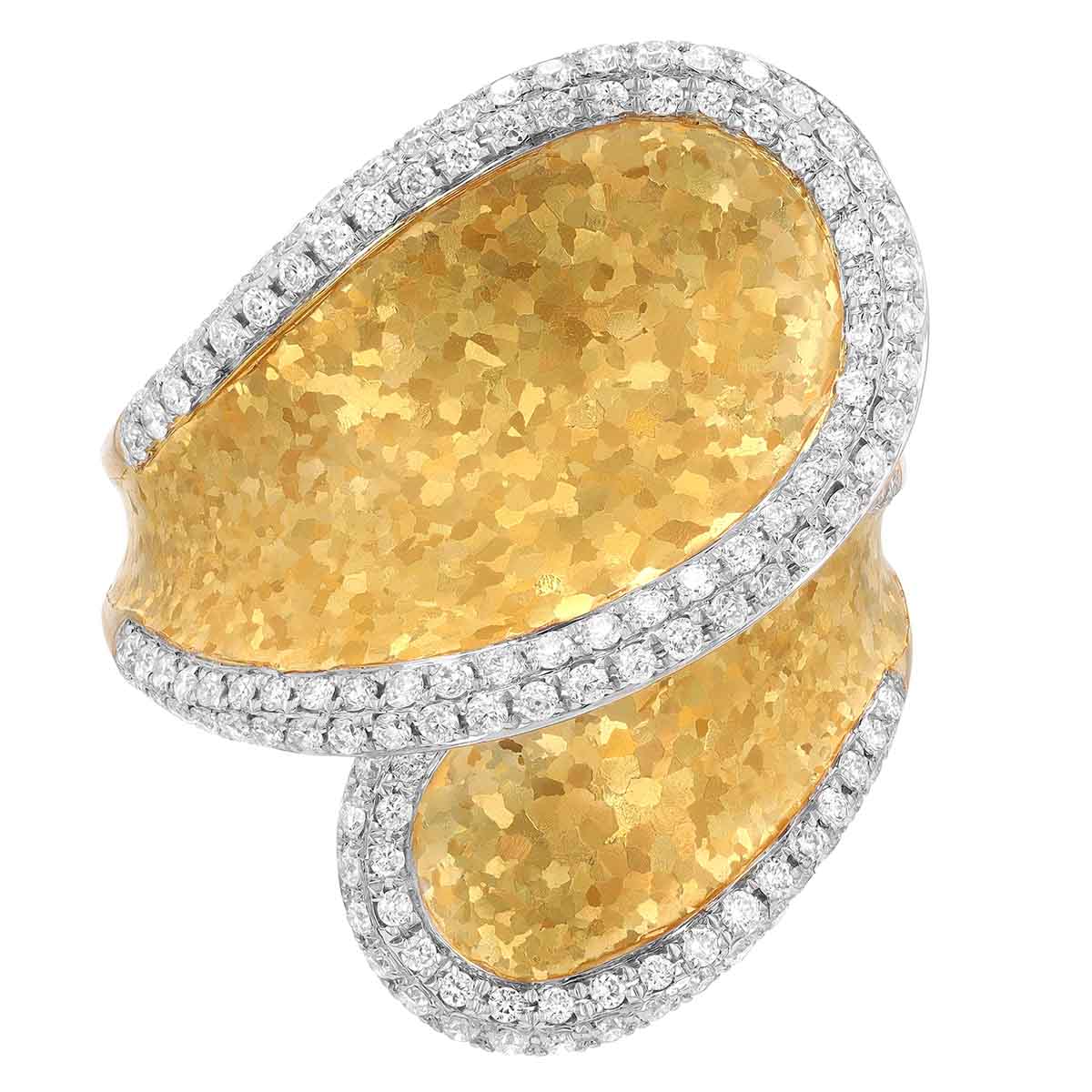 Yellow Gold Hammered Bypass Ring with Diamond Pave Edges