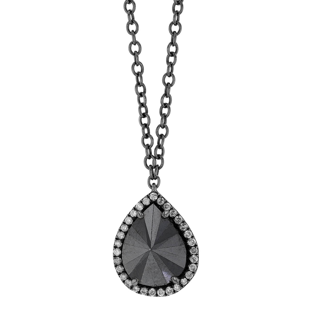 Faceted Pear Shaped Black Diamond  Pendant in White Gold & Black Rhodium, 19