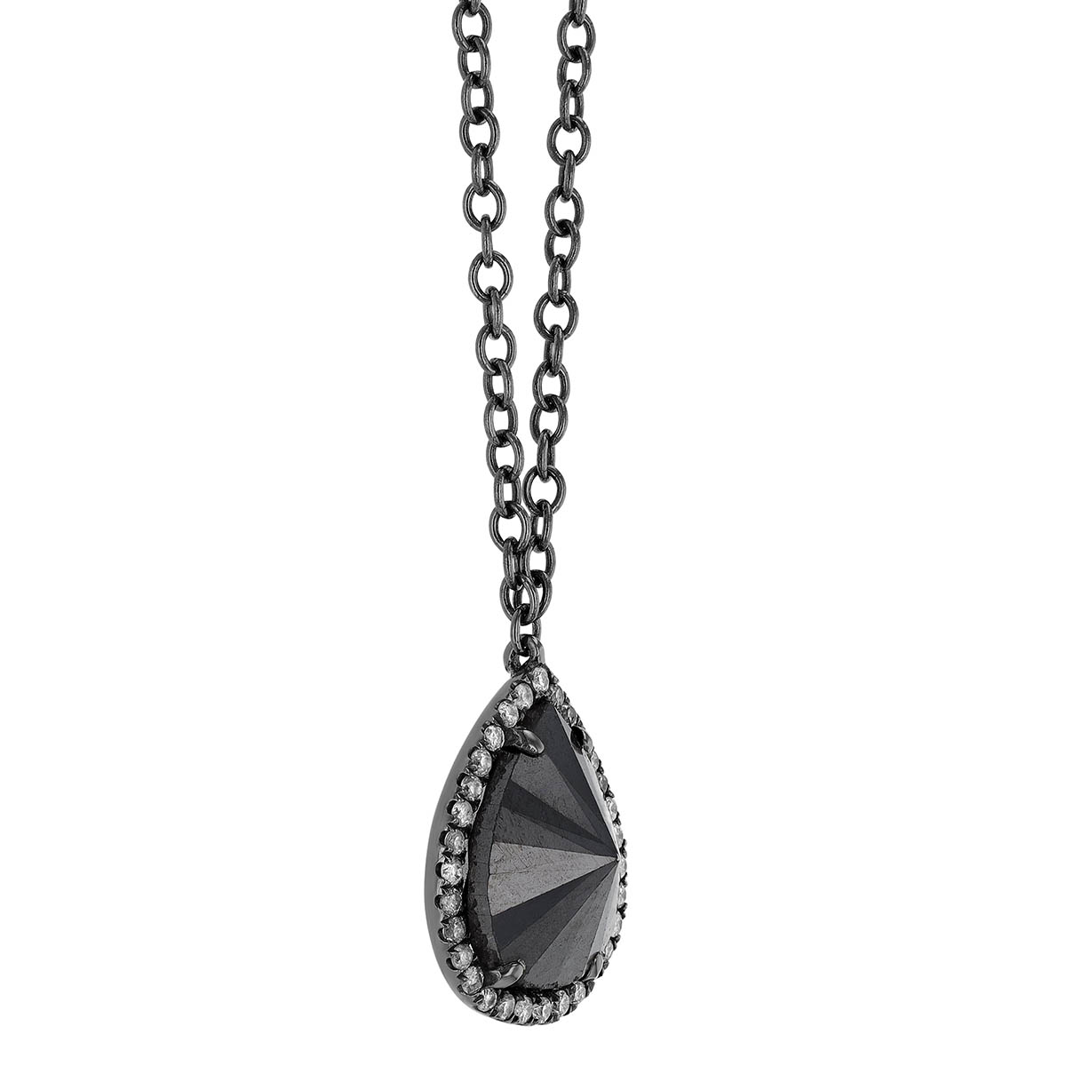 Faceted Pear Shaped Black Diamond  Pendant in White Gold & Black Rhodium, 19