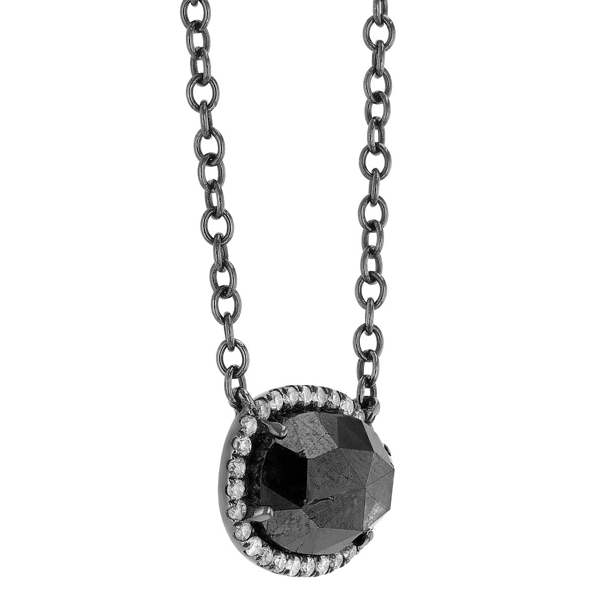 Black Irregular Oval Diamond Halo Necklace in White Gold & Black Rhodium, 18
