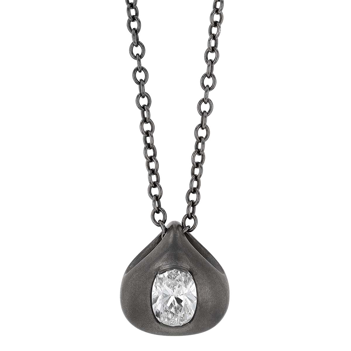 Oval Diamond Droplet Pendant in White Gold & Black Rhodium, 18
