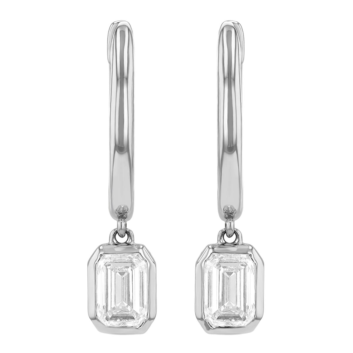 Borsheims Signature Collection Lab-Grown Emerald Cut Diamond Bezel Drop Hoop Earrings in White Gold