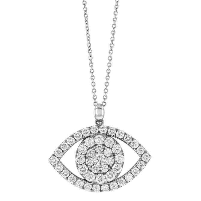 Diamond Evil Eye Pendant in White Gold, 18"
