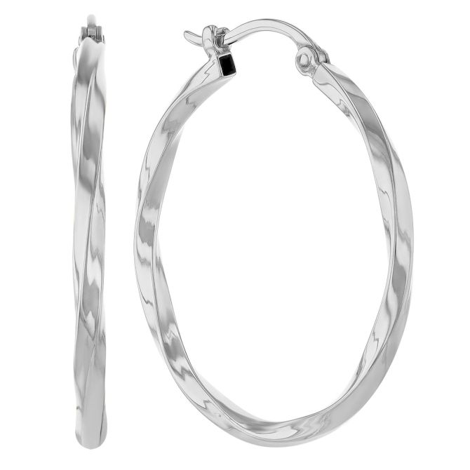 White Gold Twisted Square Tube Hoop Earrings, 24 mm