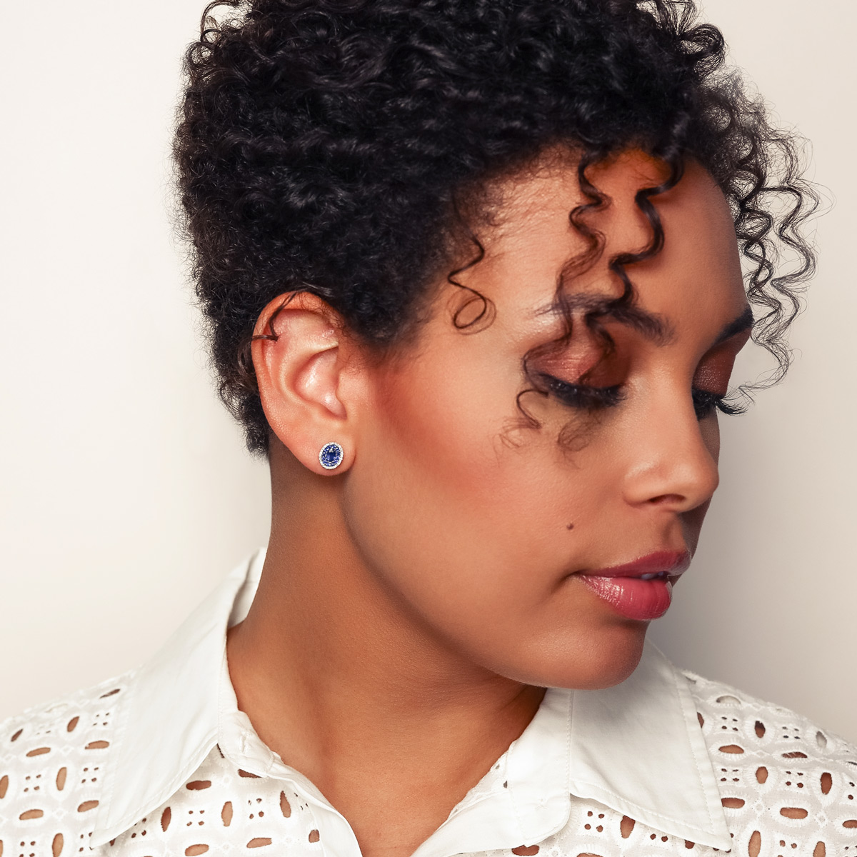 Oval & Round Sapphire Stud Earrings with Diamond Halo in White Gold