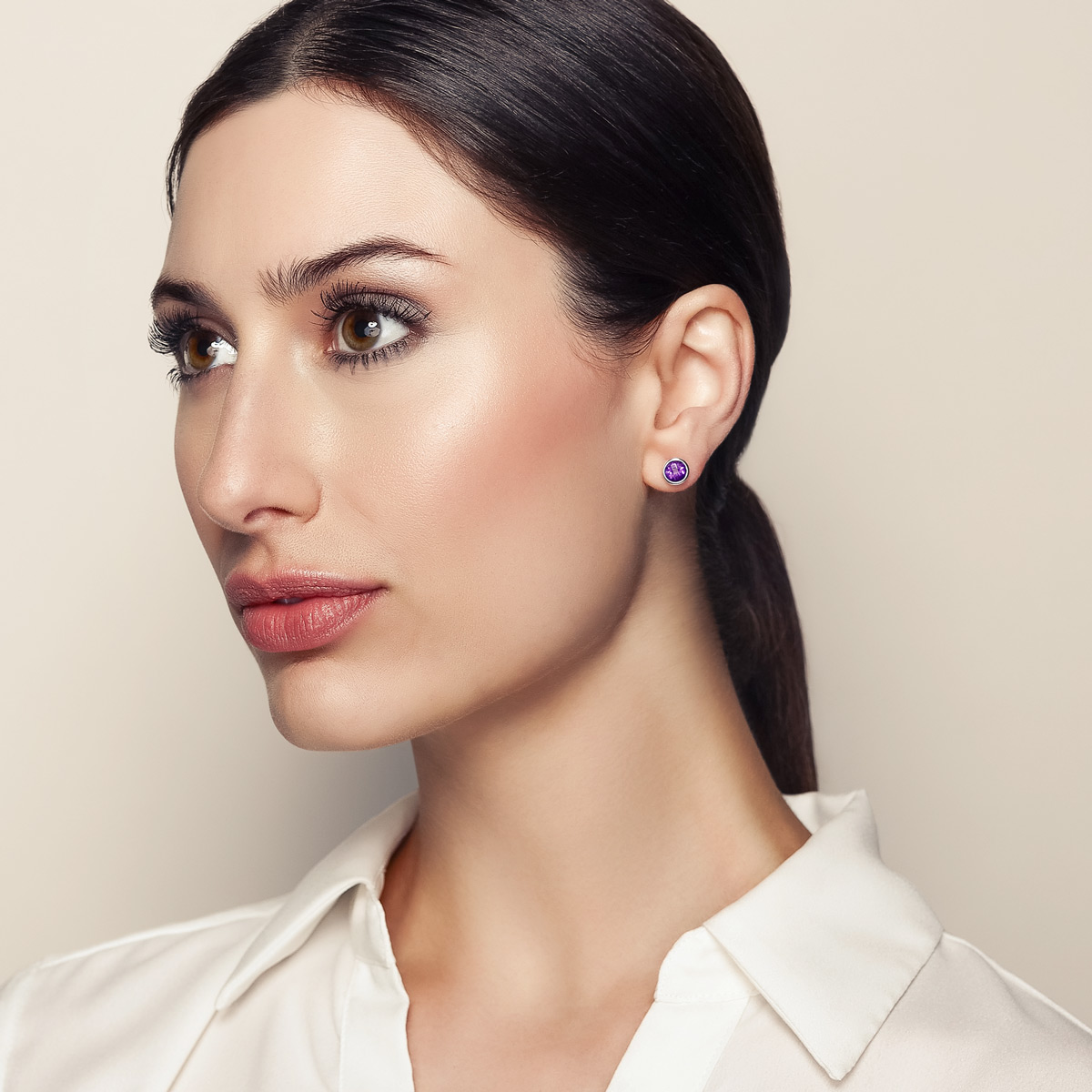 Round Checkerboard Amethyst Bezel Set Stud Earrings in White Gold