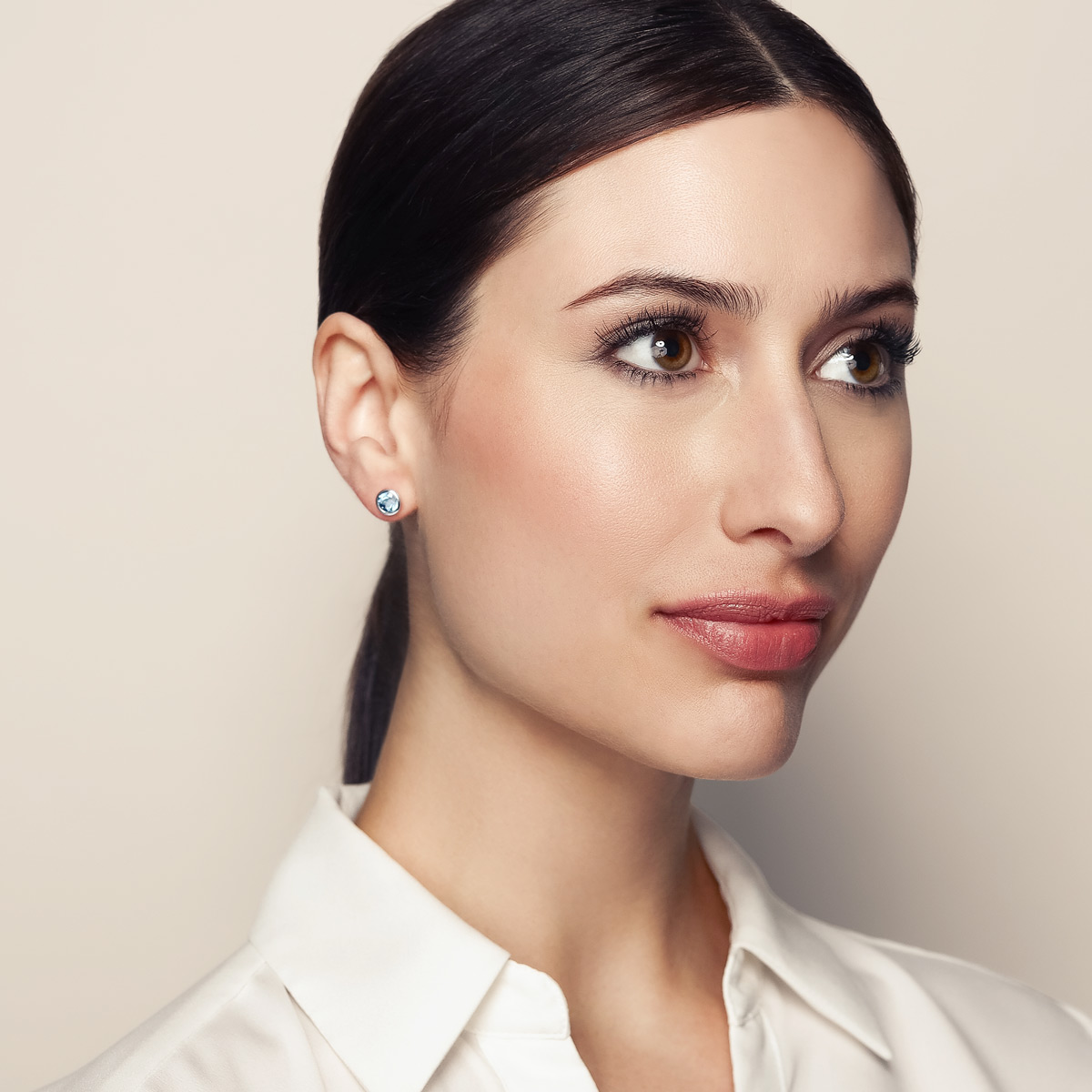 Round Checkerboard Light Blue Topaz Bezel Set Stud Earrings in White Gold