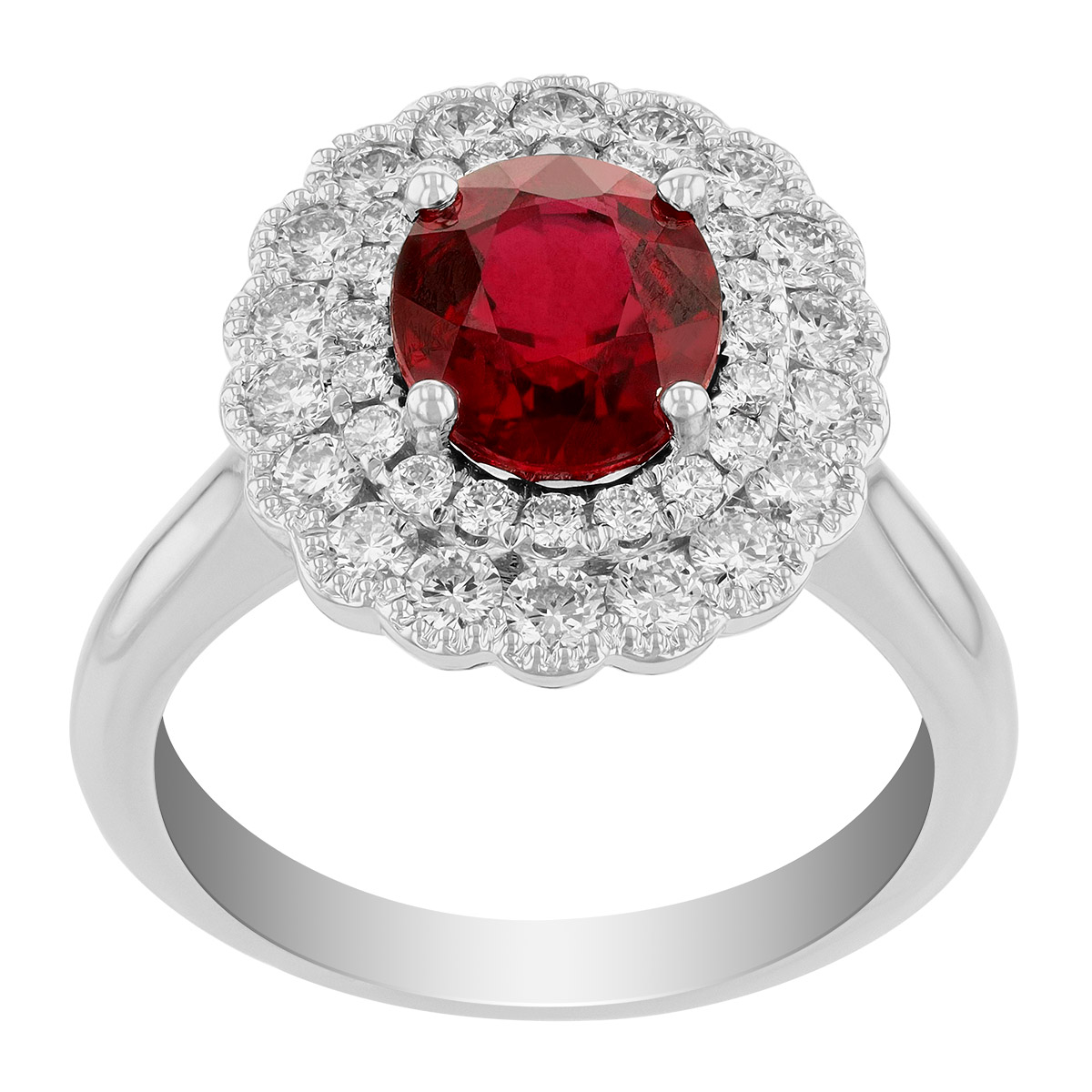 Oval Ruby & Double Diamond Halo Ring in White Gold