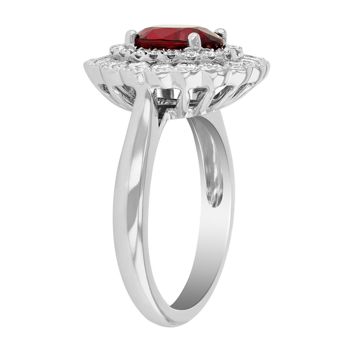Oval Ruby & Double Diamond Halo Ring in White Gold