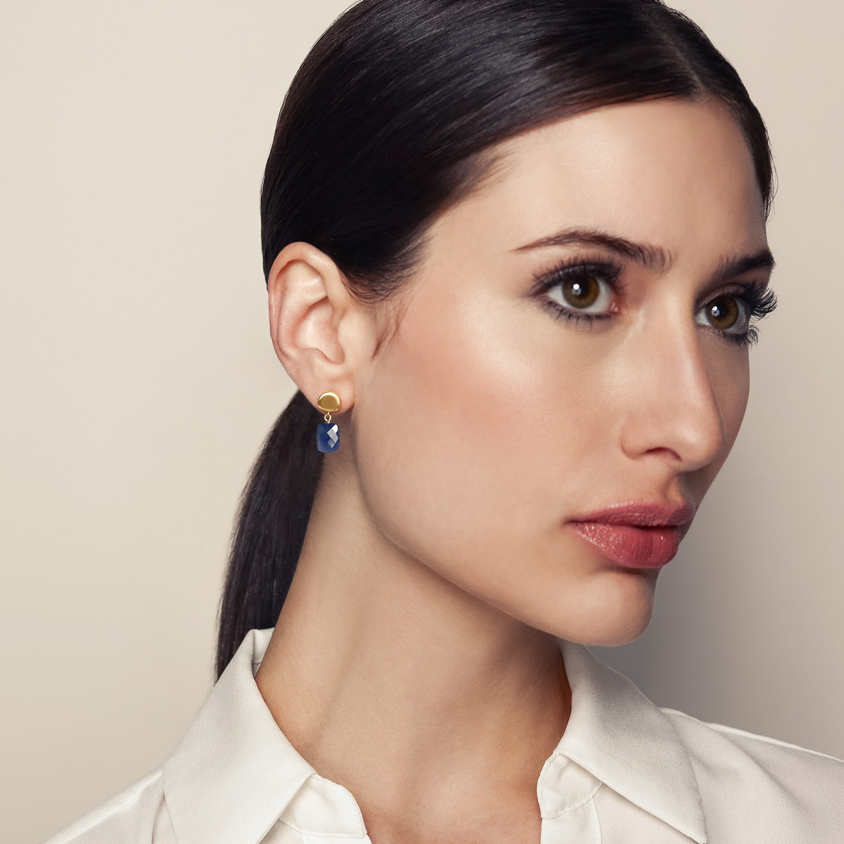 Cushion Checkerboard Sapphire Dangle Earrings in Yellow Gold