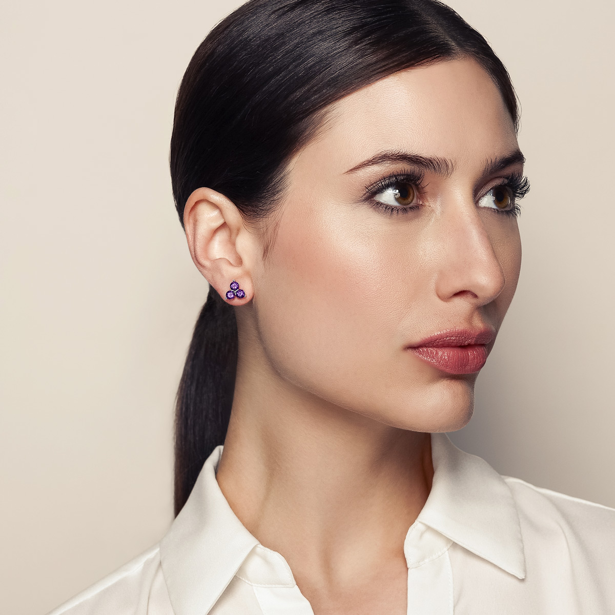 Round Amethyst Trio Stud Earrings in White Gold