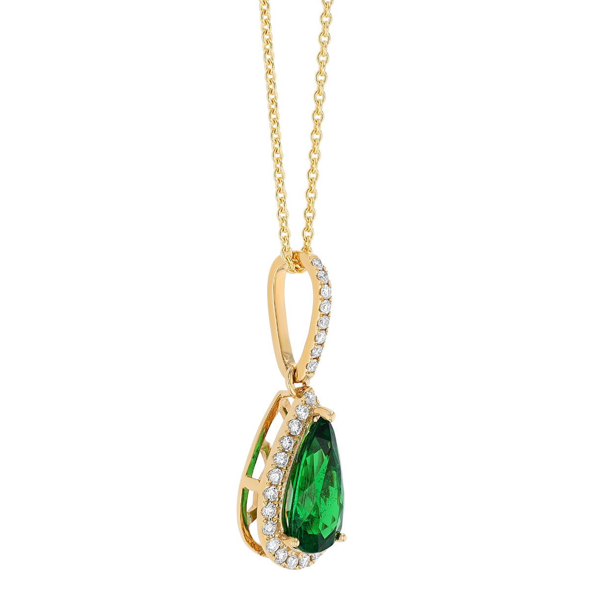 Pear Shaped Tsavorite Garnet & Diamond Halo Pendant in Yellow Gold