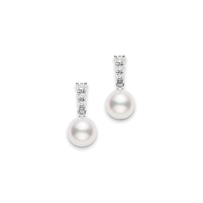 Mikimoto Morning Dew Akoya Cultured Pearl & Diamond Trio Drop Earrings in White Gold