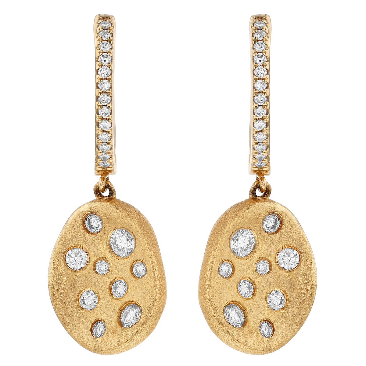 Flush Set Diamond Oval Dangle Hoop Earrings in Yellow Gold