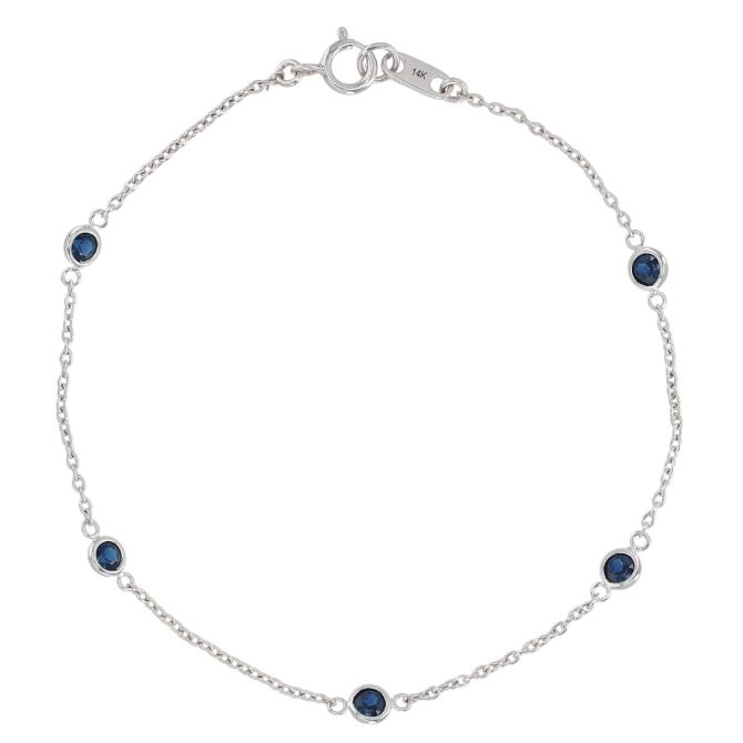 Round Sapphire 5 Station Bezel Set Bracelet in White Gold, .68 cttw, 7"