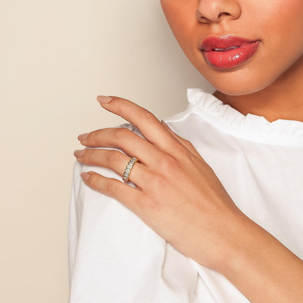 Rahaminov Bezel Set Emerald Cut Diamond Eternity Wedding Band in Yellow Gold