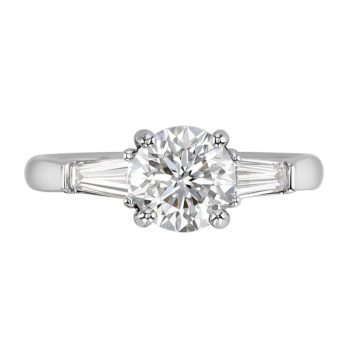 Round & Tapered Baguette Diamond 3 Stone Engagement Ring in 18K White Gold