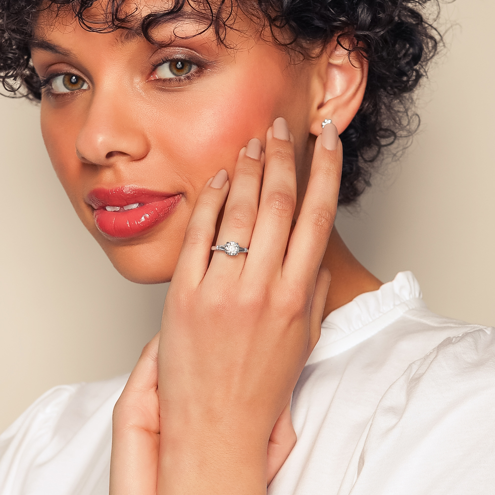 Round & Tapered Baguette Diamond 3 Stone Engagement Ring in 18K White Gold