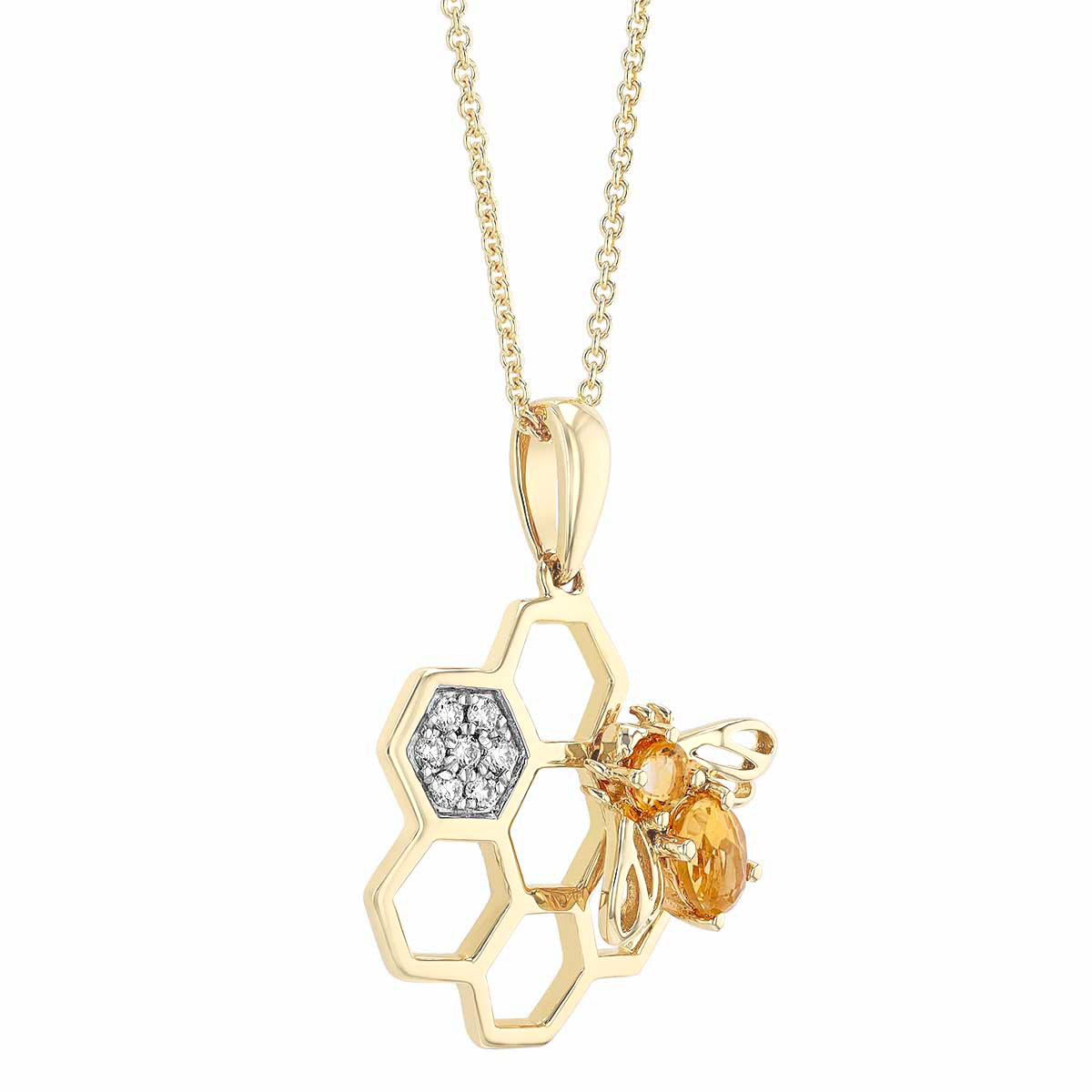 Citrine & Diamond Bee Honeycomb Pendant in Yellow Gold, 18