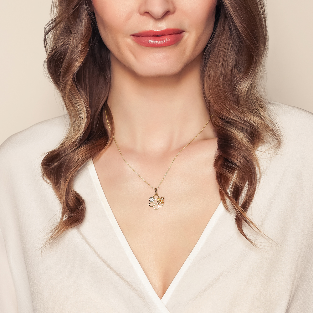 Citrine & Diamond Bee Honeycomb Pendant in Yellow Gold, 18