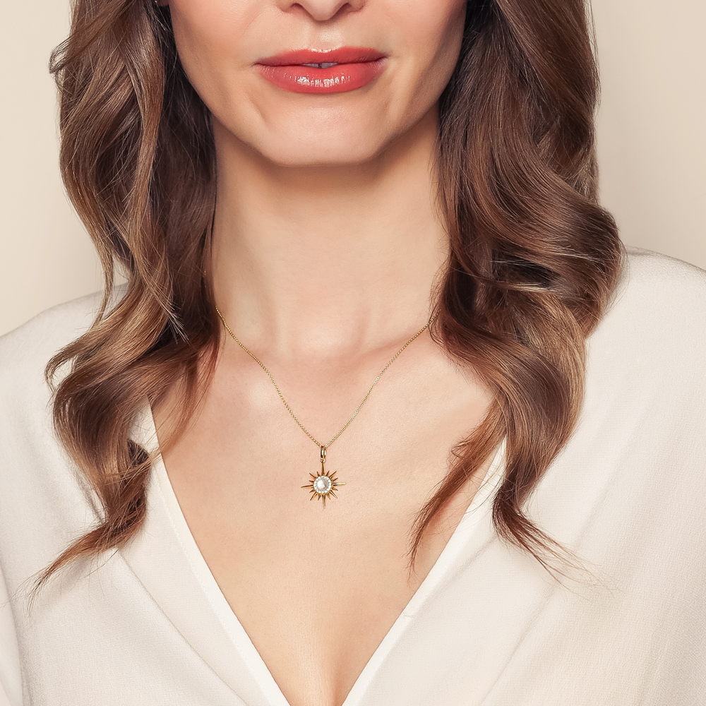 Doves Quartz, Mother of Pearl & Diamond Sunburst Pendant in Yellow Gold