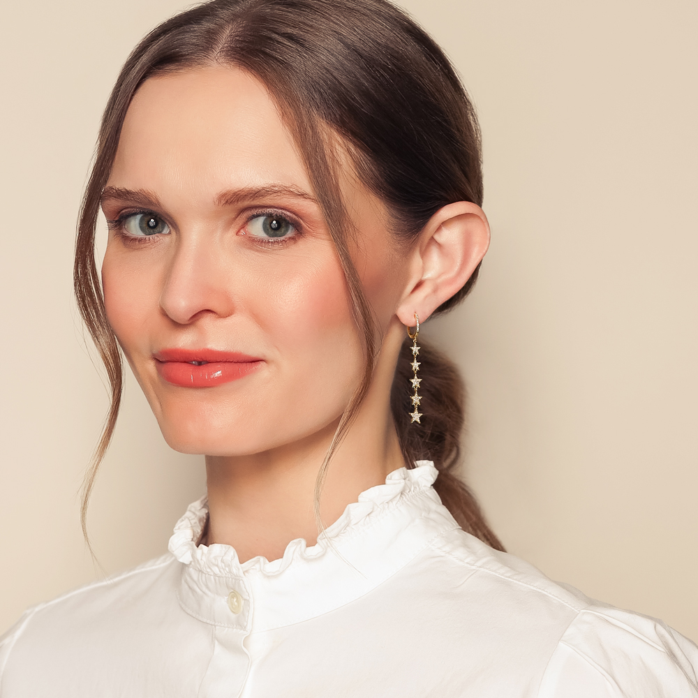 Diamond Pavé 5 Star Dangle Hoop Earrings in Yellow Gold