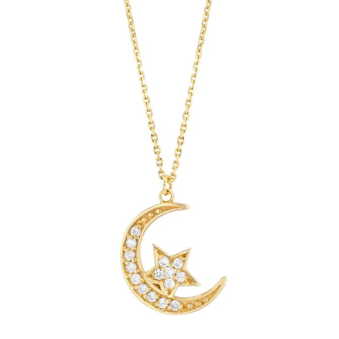 Diamond Pavé Crescent Moon & Star Pendant in Yellow Gold, 18"