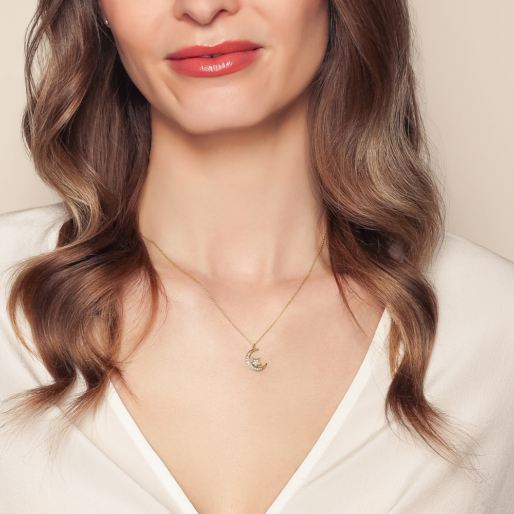Diamond Pavé Crescent Moon & Star Pendant in Yellow Gold, 18