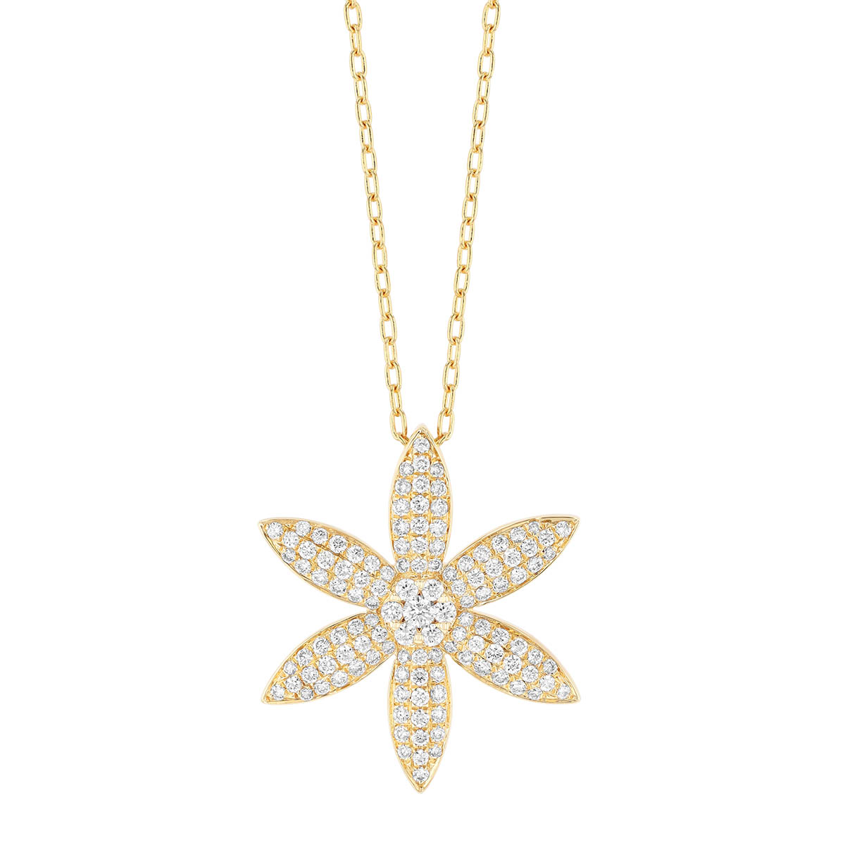Diamond Pave 6 Petal Flower Pendant in Yellow Gold