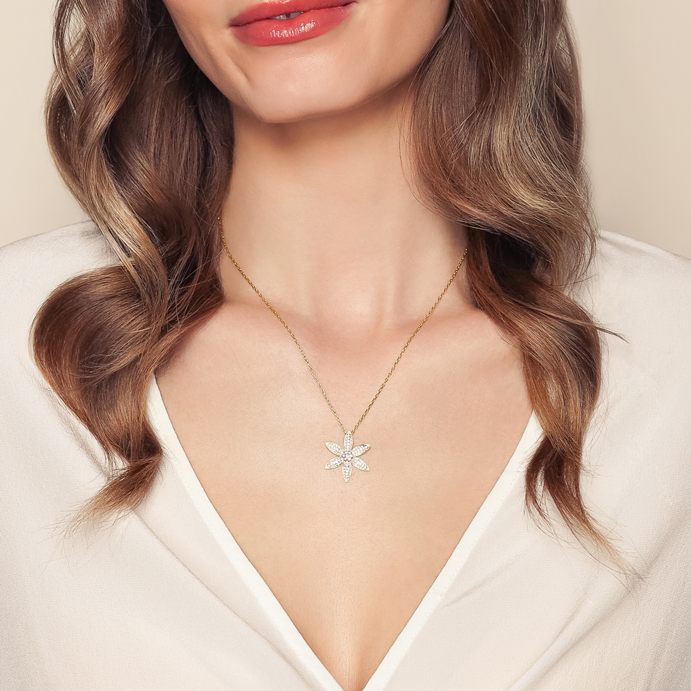 Diamond Pave 6 Petal Flower Pendant in Yellow Gold
