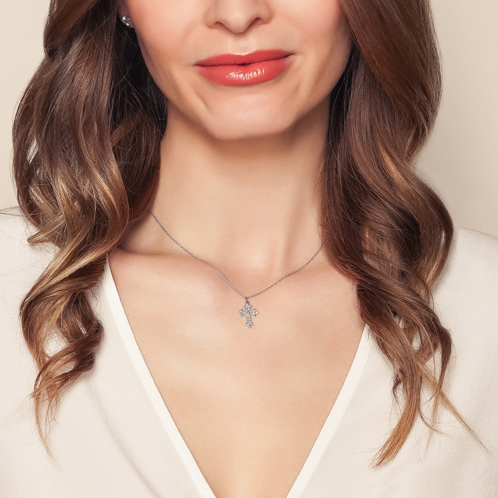 Diamond & Milgrain Detail Cross Pendant in White Gold, 16