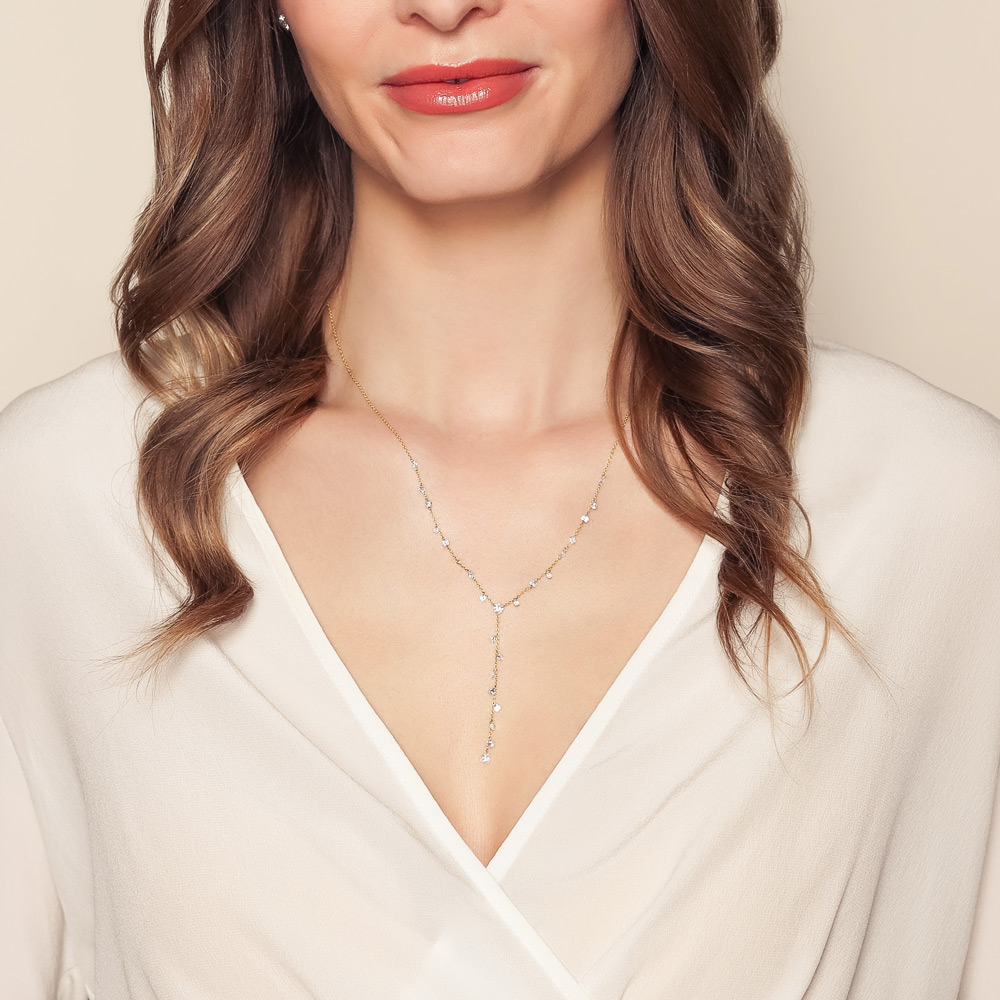 Aresa Round Diamond Fringe Lariat Necklace in Yellow Gold, 18