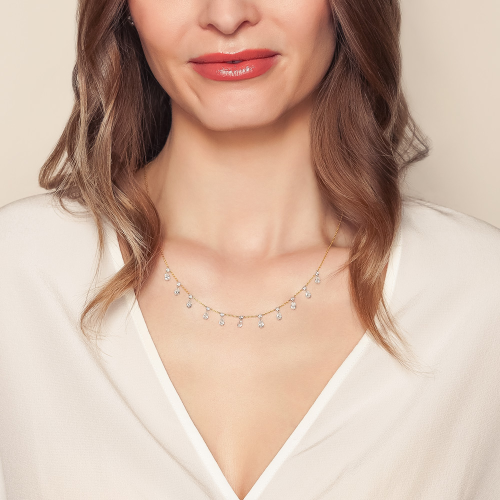 Aresa Round & Pear Shape Diamond Fringe Necklace in Yellow Gold, 18