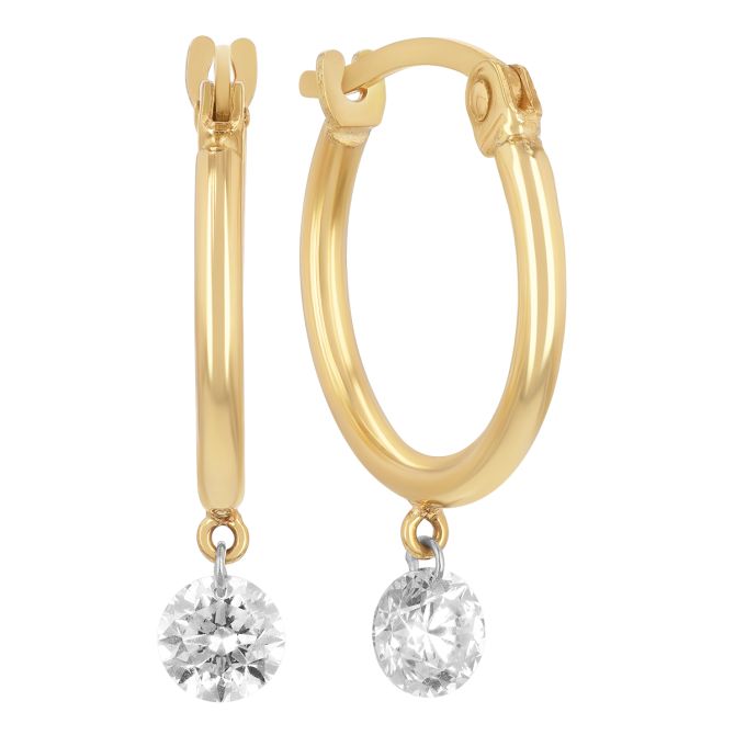 Aresa Round Diamond Dangle Huggie Hoop Earrings in Yellow Gold, 0.60 cttw