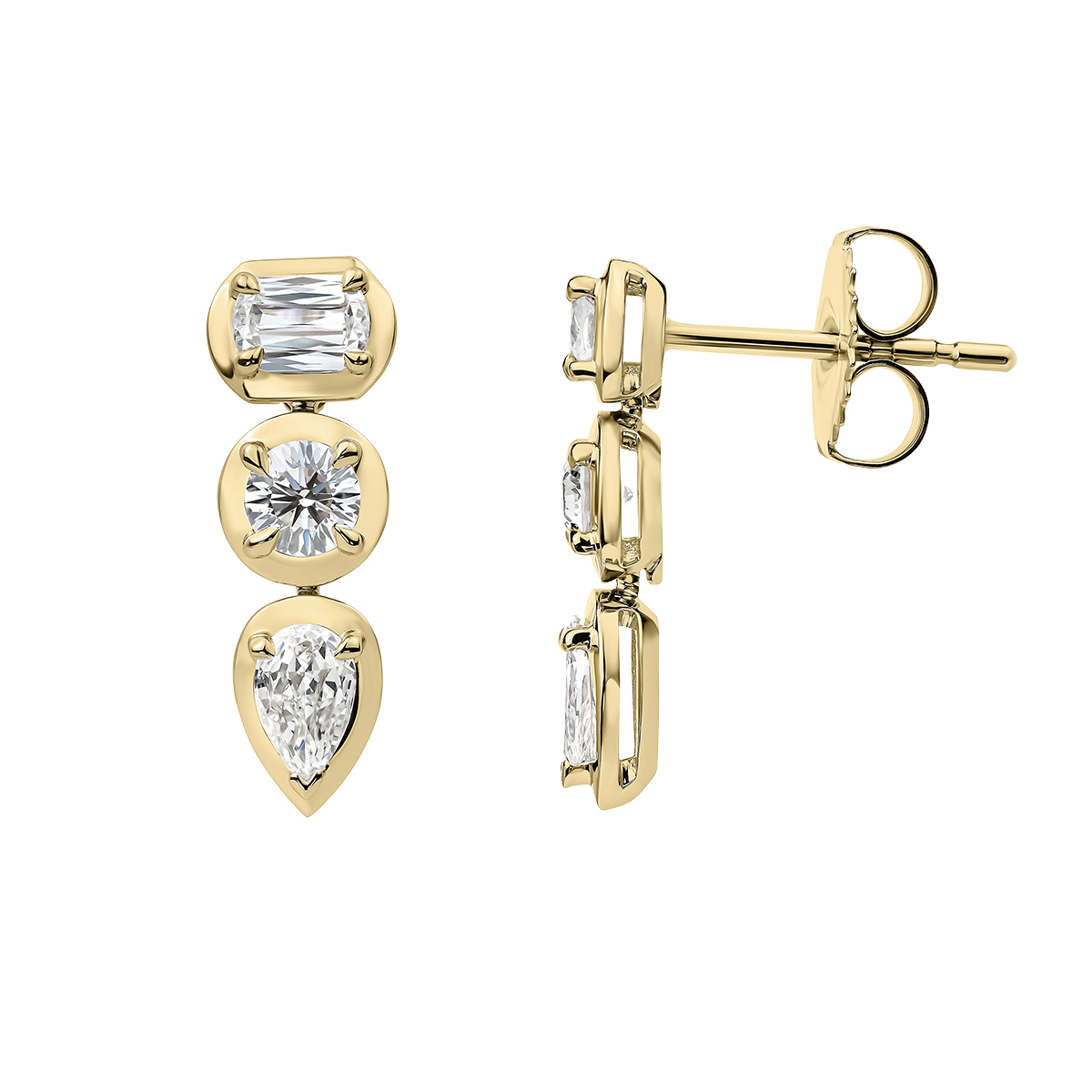 Christopher Designs Crisscut L'Amour Classic, Pear, & Round Diamond Dangle Earrings in Yellow Gold