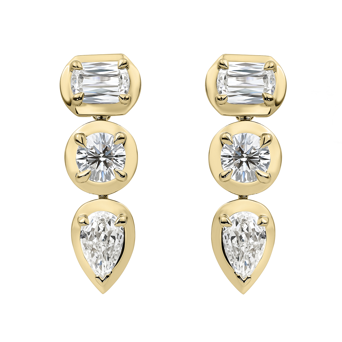 Christopher Designs Crisscut L'Amour Classic, Pear, & Round Diamond Dangle Earrings in Yellow Gold