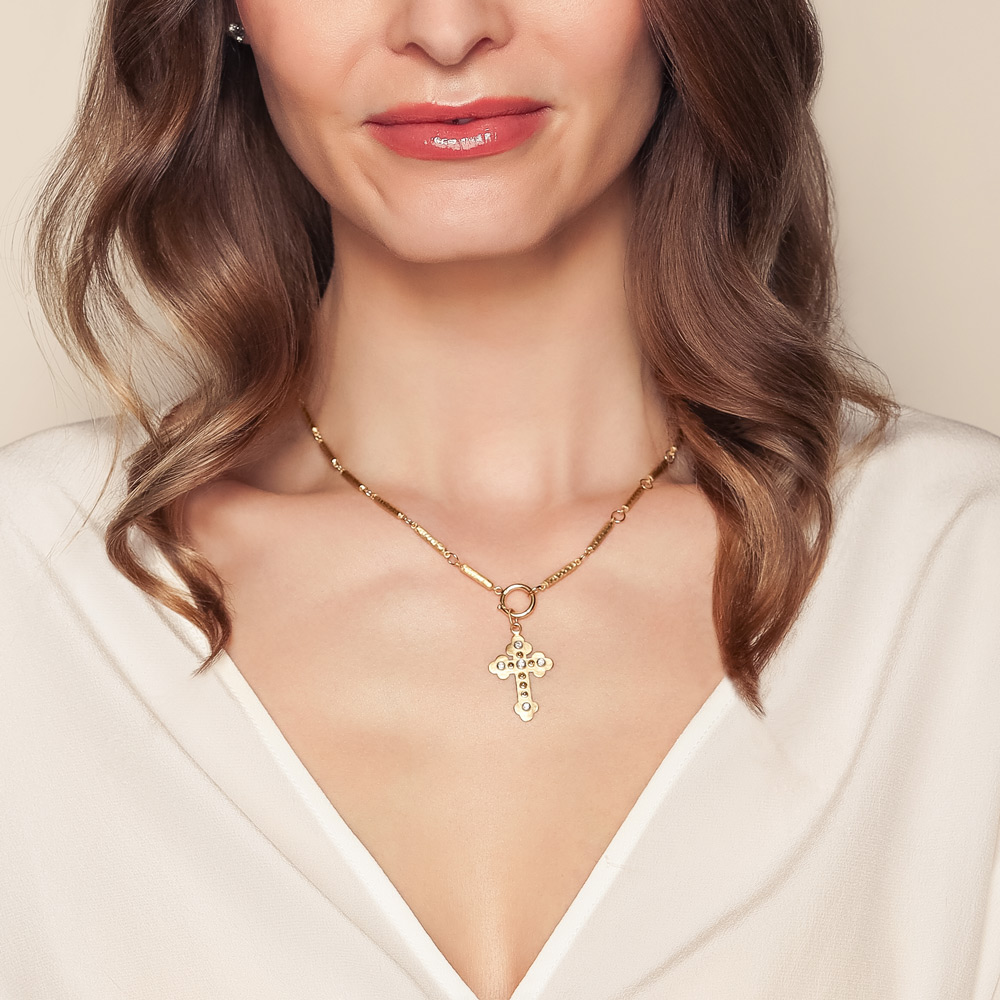 Marika Diamond & Beaded Cross Pendant in Two Tone