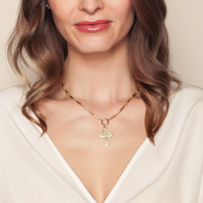 Marika Diamond & Beaded Cross Pendant in Two Tone