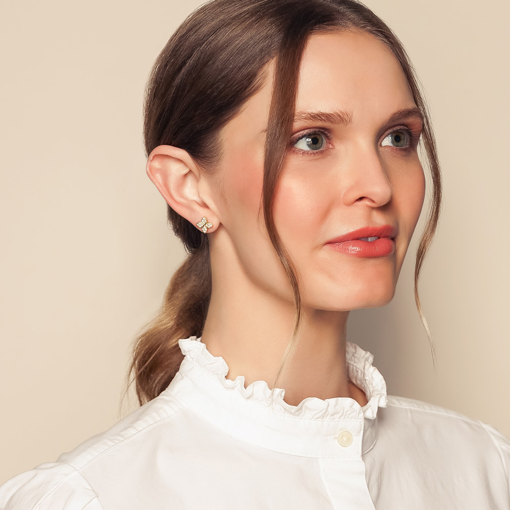 Roberto Coin Love in Verona Diamond Pave Flower Stud Earrings in Yellow Gold