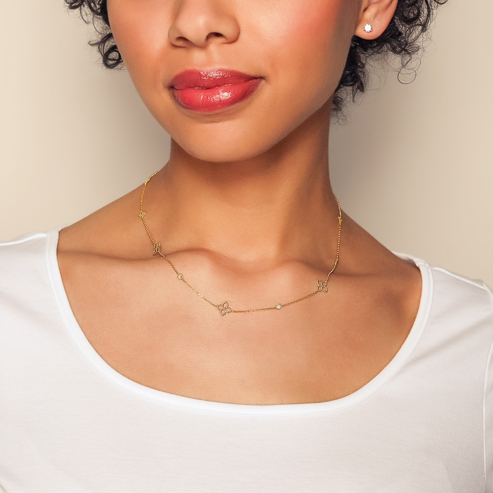 Roberto Coin Principessa Diamond & Flower Station Necklace in Yellow Gold