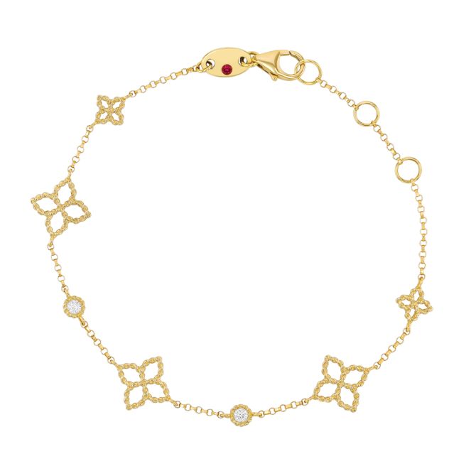 Roberto Coin Principessa Diamond & Flower Station Bracelet in Yellow Gold, 7"