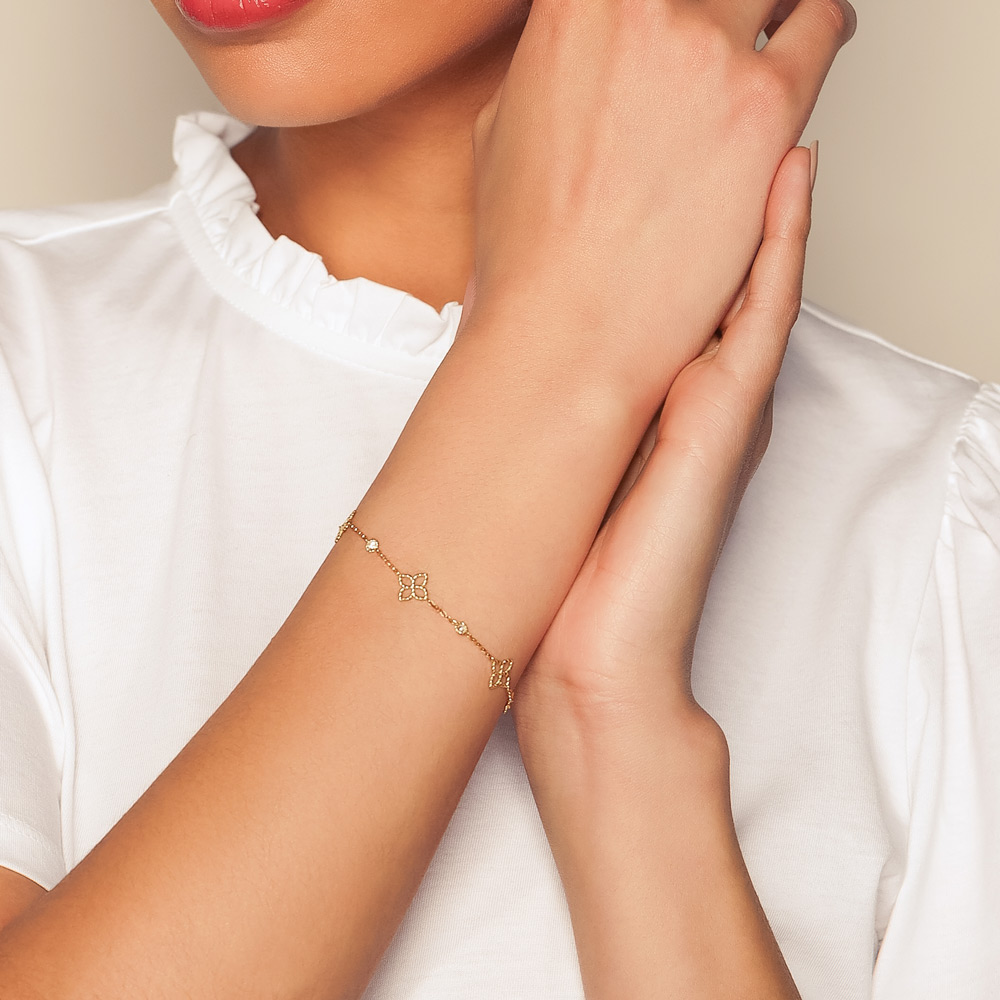 Roberto Coin Principessa Diamond & Flower Station Bracelet in Yellow Gold, 7