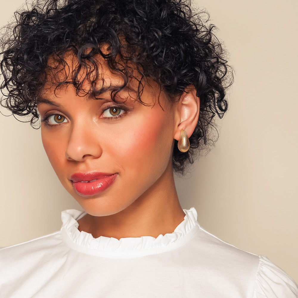 Yellow Gold Snakeskin Texture Puffed Teardrop Post Earrings