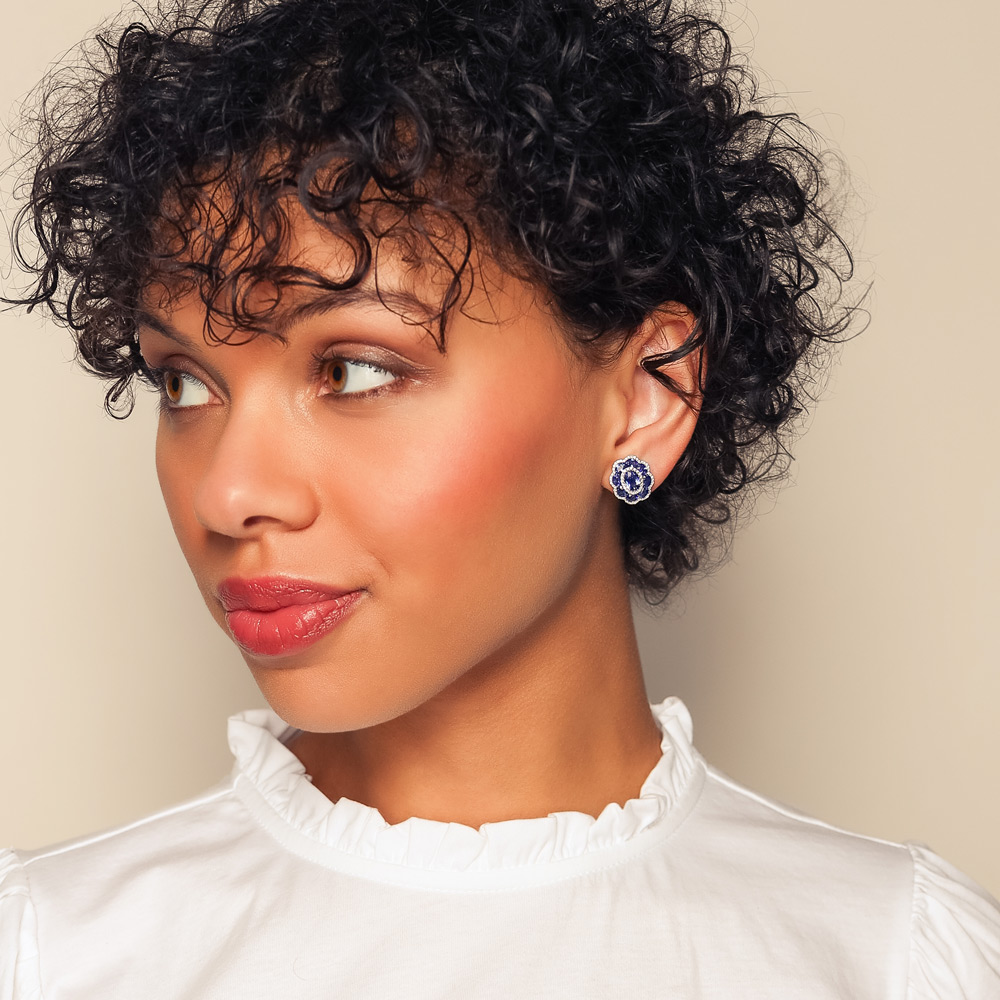 Oval Sapphire with Diamond & Sapphire Floral Halo Stud Earrings in White Gold