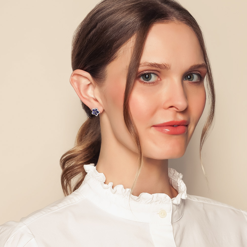 Pear Shaped Sapphire & Diamond Halo Flower Stud Earrings in White Gold