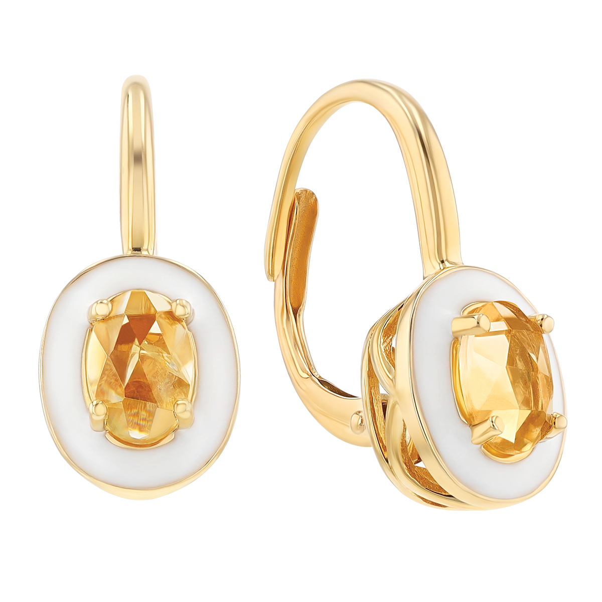Oval Rose Cut Orange Sapphire & White Enamel Drop Earrings in Yellow Gold