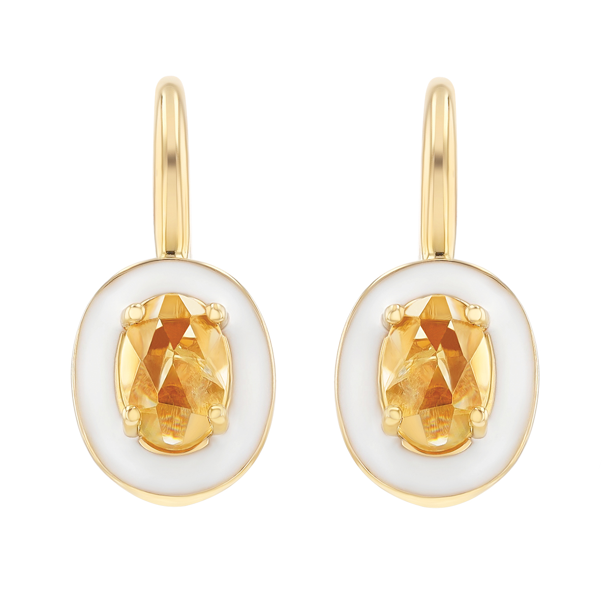 Oval Rose Cut Orange Sapphire & White Enamel Drop Earrings in Yellow Gold