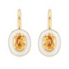 Oval Rose Cut Orange Sapphire & White Enamel Drop Earrings in Yellow Gold